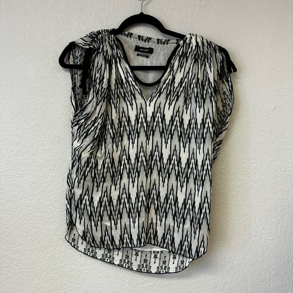 Isabel Marant Ikat Print V-Neck Blouse Black White 36